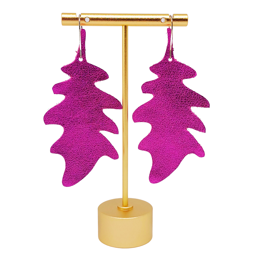 Large Oak Leaf Earring | Metallic Shocking Pink Luxury Leather