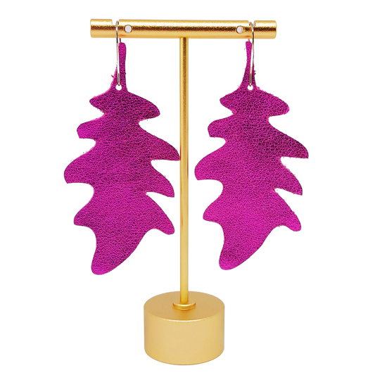 Large Oak Leaf Earring | Metallic Shocking Pink Luxury Leather