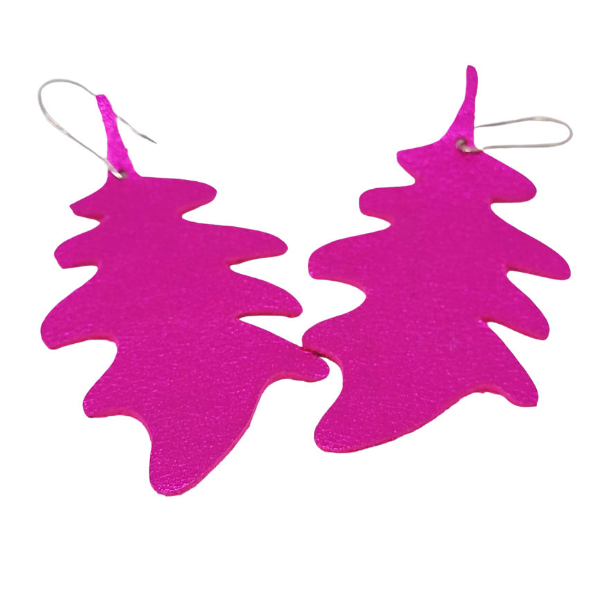 Large Oak Leaf Earring | Metallic Shocking Pink Luxury Leather