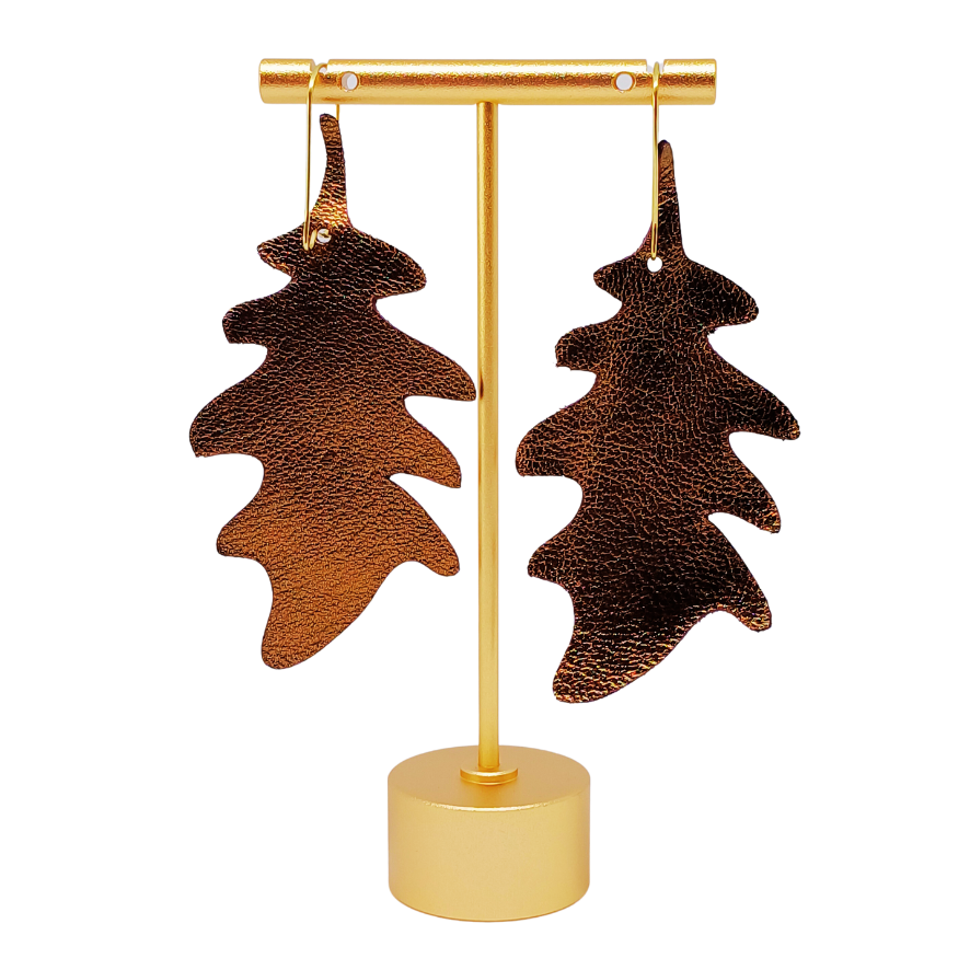 Large Oak Leaf Earring | Metallic Bronze Luxury Leather