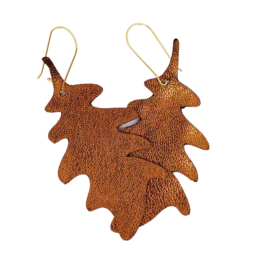 Large Oak Leaf Earring | Metallic Bronze Luxury Leather