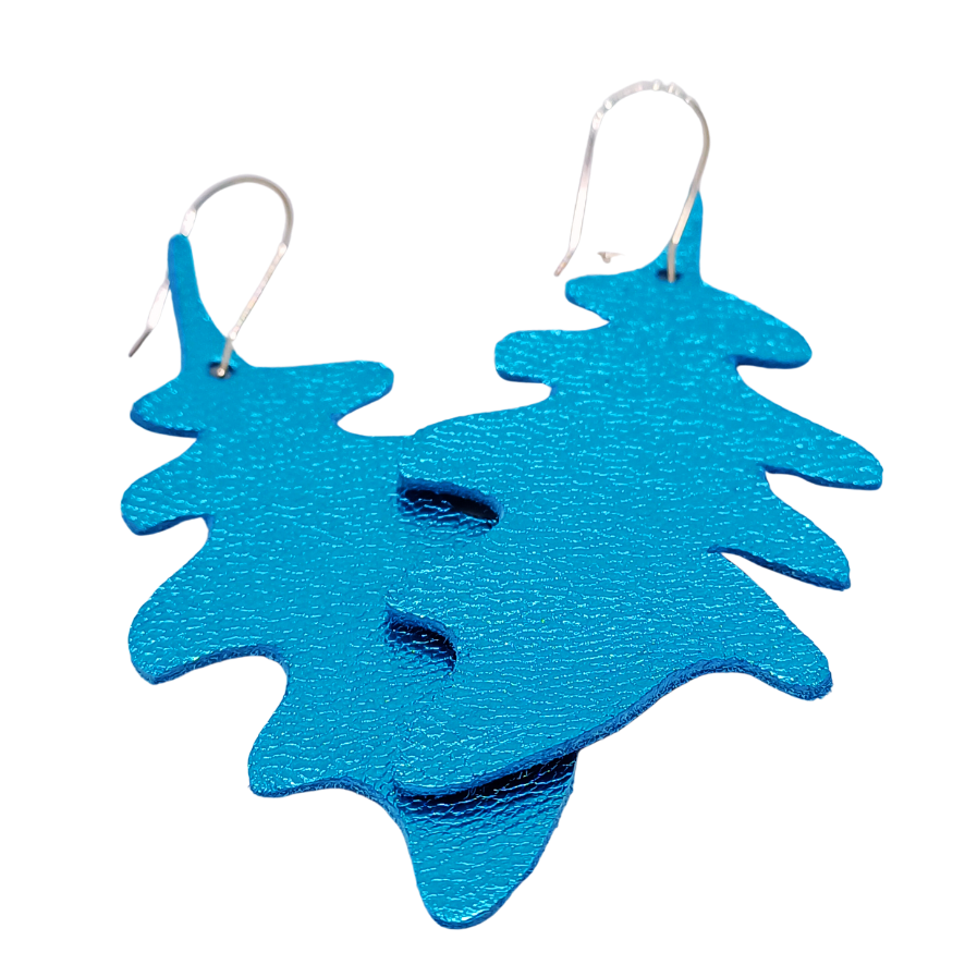 Large Oak Leaf Earring | Metallic Turquoise Luxury Leather