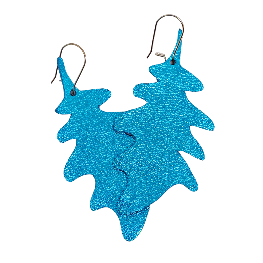 Large Oak Leaf Earring | Metallic Turquoise Luxury Leather