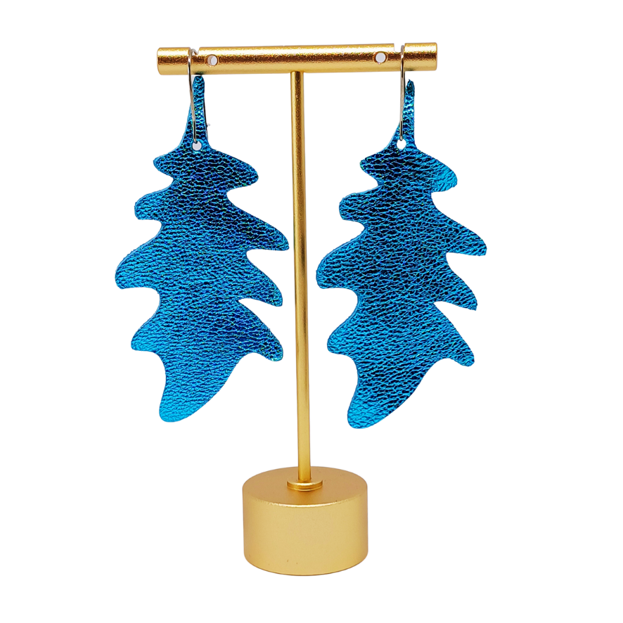 Large Oak Leaf Earring | Metallic Turquoise Luxury Leather