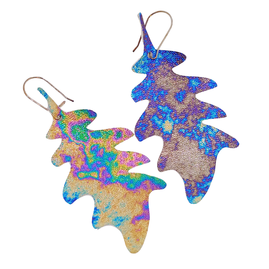 Large Oak Leaf Earring | Petrol Effect Luxury Leather